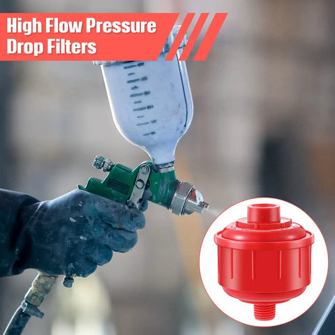 4 Pack Disposable Mini Air Water Filters For Spray Guns And Air Tools With One Quarter Inch Threads shown with spray gun