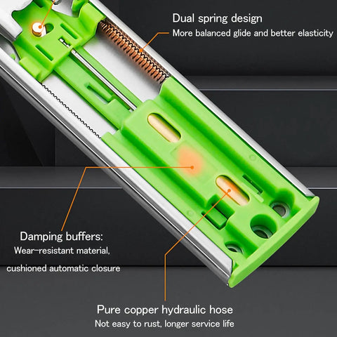 Close-up of Twenty Pairs Full Extension Soft Close Drawer Slides With Hella Smooth Ball Bearing Rails, showing dual spring design.