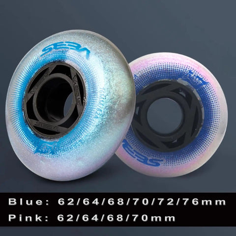 Four Pack Inline Skate Wheels 82A Hardness Replacement Set For Roller Blades And Indoor Skating, pink and blue detailed view