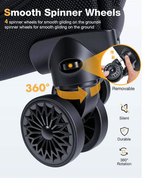 Lekespring underseat carry-on luggage with spinner wheels, black 16-inch softside suitcase with detachable wheels