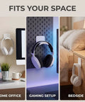 Kick Your Desk Game With 2 Adhesive Headphone Brackets, Wall mounted hooks holding headphones in home office, gaming, and bedside.