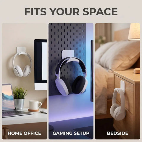 Kick Your Desk Game With 2 Adhesive Headphone Brackets, Wall mounted hooks holding headphones in home office, gaming, and bedside.