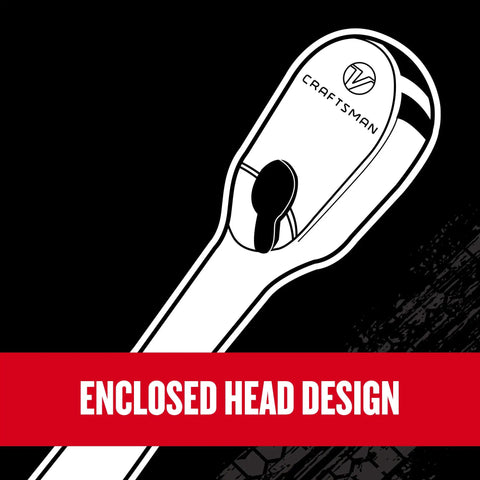 Illustration of the Enclosed Head Design for V Series One Quarter Inch Drive Ratchet With 80 Tooth, Flexible XL Head, 180 Degree Articulating Neck For Tight Spots, Enclosed Gear Design Keeps Dirt Out, Heavy Duty Precision Mechanism For Pros And DIYers. Close-up image of the ratchet mechanism with emphasis on dirt protection feature.