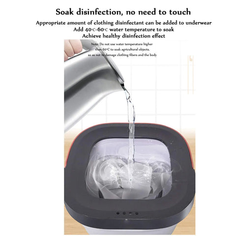 Pouring hot water into the Compact Portable Washing Machine Mini Foldable Electric Washer Dryer Combo for disinfection.