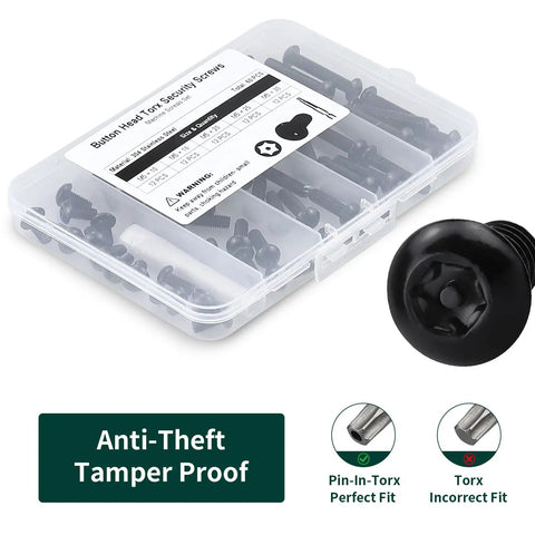 Premium M5 Black Torx Security Screws Kit With Matching Bit Made From 304 Stainless Steel Button Heads For Tamper Proof Outdoor Fixtures And Automotive Applications Provides Sixty Pieces In Five Lengths To Keep Your Setup Hella Secure Today in a clear storage case.