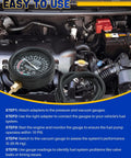 DASBET car vacuum and fuel pump tester gauge kit installed in engine bay; black gauge with white dial and hoses.