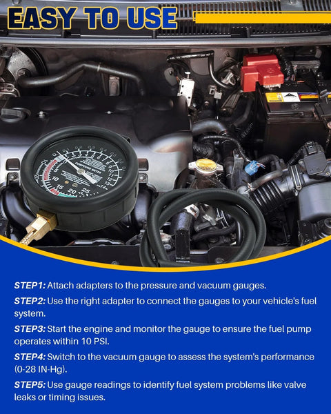 DASBET car vacuum and fuel pump tester gauge kit installed in engine bay; black gauge with white dial and hoses.
