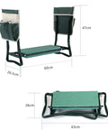 Workhorse Garden Stool And Kneeler With Tool Bags Converts From Kneeler To Seat, green, iron frame, dimensions labeled.