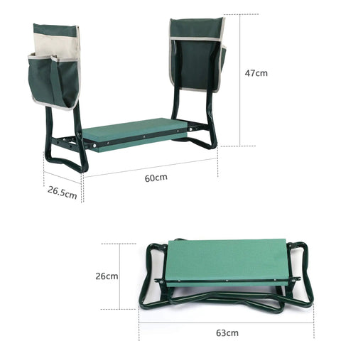 Workhorse Garden Stool And Kneeler With Tool Bags Converts From Kneeler To Seat, green, iron frame, dimensions labeled.