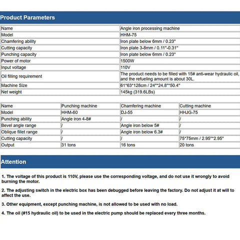 Angle iron processing machine specifications with model HHM-75, 1500W motor, and cutting capacities for steel plates.