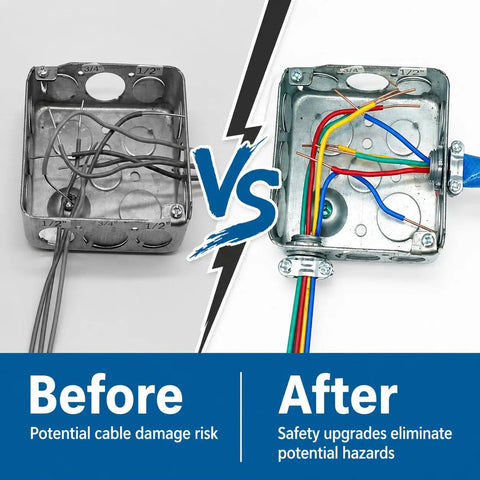 Heavy Duty Zinc Steel Clamp Cable Connectors For Romex Wires Electrical Box Setup, before and after cable setup comparison.