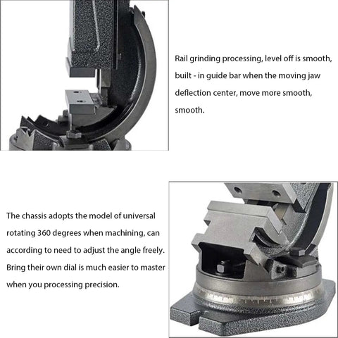 Five Inch Milling Machine Vise With Swivel Base And Four Direction Adjustable Jaws for machining, featuring smooth rail grinding and adjustable angle.