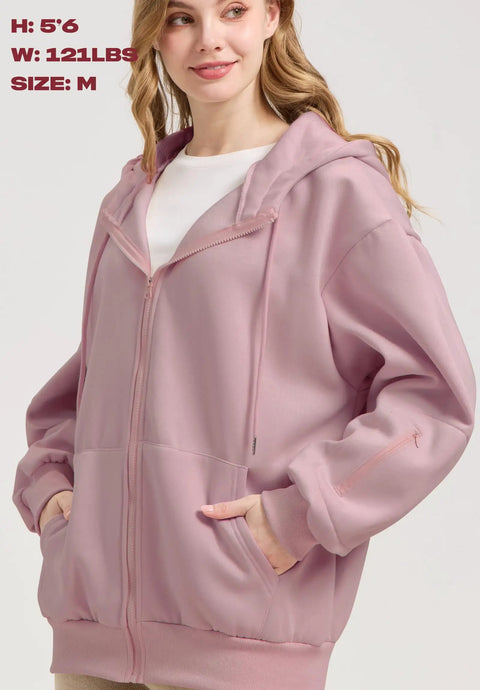 Zip Up Hoodie With Built In Eye Mask And Multi Pockets For Travel Unisex Fleece Sweatshirt in pink, size M, front view