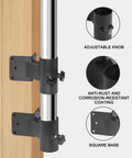 Adjustable metal mount attached to wooden railing, features square base and anti-rust coating, part of Heavy Duty Deck Umbrella Holder For Railings Adjustable Metal Mount Attaches To Balcony Or Patio Rail Easy Install Sturdy Outdoor Base For 1 To 2 Inch Poles Rust Proof Weatherproof Stand For Courtyard Boats And More