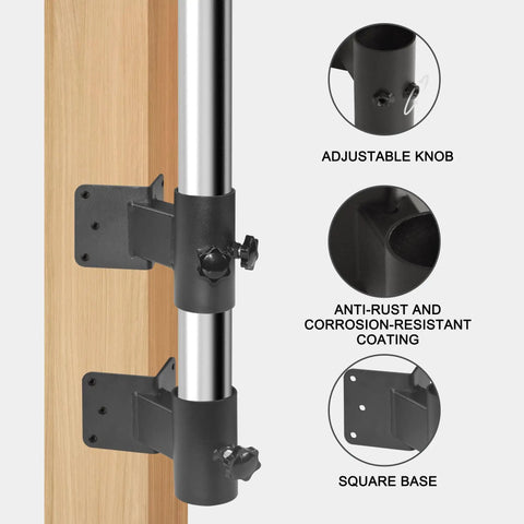 Adjustable metal mount attached to wooden railing, features square base and anti-rust coating, part of Heavy Duty Deck Umbrella Holder For Railings Adjustable Metal Mount Attaches To Balcony Or Patio Rail Easy Install Sturdy Outdoor Base For 1 To 2 Inch Poles Rust Proof Weatherproof Stand For Courtyard Boats And More