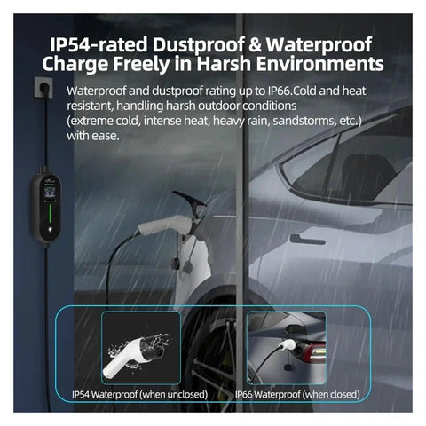 Top Shelf Heavy Duty Portable Ev Charger With Five Meter Cable Type 2 Iec 62196 Connector in rain, showcasing waterproof features.