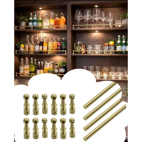 Totally Bulletproof Brackets 4 Pack Adjustable Shelf Supports With Posts And Screws Plus 46 Inch Spindle Fence Kit Keeps Your Cabinetry Locked Down Tight displayed with bar items.