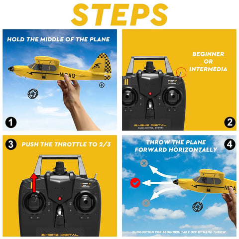 Step-by-step guide for flying Noob Friendly RC Plane With XPILOT Stabilization System in yellow.