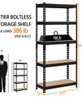 Five Tier Metal Storage Shelving Unit In Black Heavy Duty Garage Rack 60 Inch Tall 386 Lb Per Tier 1930 Lb Total Capacity Powder Coated Iron Frame And MDF Shelves
