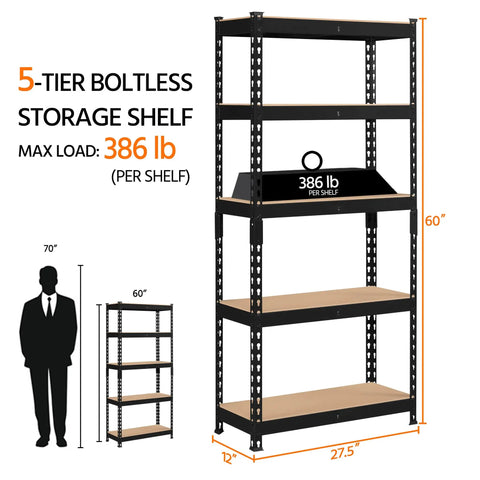 Five Tier Metal Storage Shelving Unit In Black Heavy Duty Garage Rack 60 Inch Tall 386 Lb Per Tier 1930 Lb Total Capacity Powder Coated Iron Frame And MDF Shelves
