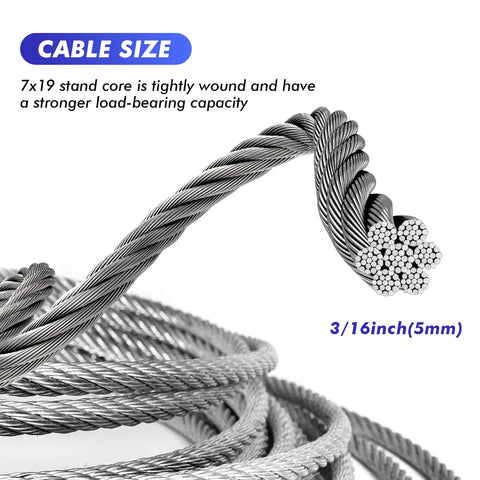 Close-up of Three Sixteenth Inch Wire Rope Zipline Cable 150 Foot Galvanized Steel Aircraft Cable showing 7x19 strands.