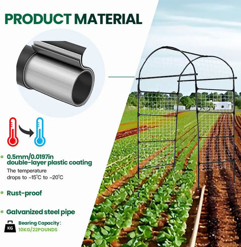 Heavy Duty 80 Inch Tall Garden Arch Trellis For Climbing Plants Outdoor Metal Vine Support Black Yard Ready Sturdy Arch Design Ideal For Flowers Vegetables Tomatoes Grapes And More 33 Inches Long By 33 Inches Wide By 80 Inches High showing rust-proof galvanized steel pipe and double-layer plastic coating.
