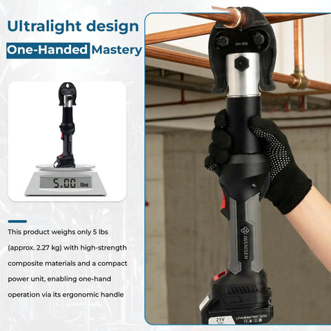 Top Shelf Heavy Duty Electric Hydraulic Pro Press Copper Crimper with ergonomic design, weighing 5 lbs, shown in use holding a pipe.