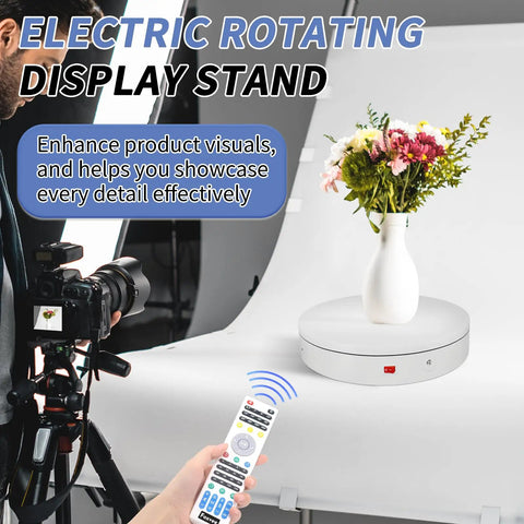 Foxvee Motorized Electric Turntable Remote Controlled Rotating Display Stand Speed Adjustable 360 Degree Photography Platform For 3d Scan Showcase And Multi Mode Video With White Finish with vase on a white backdrop.