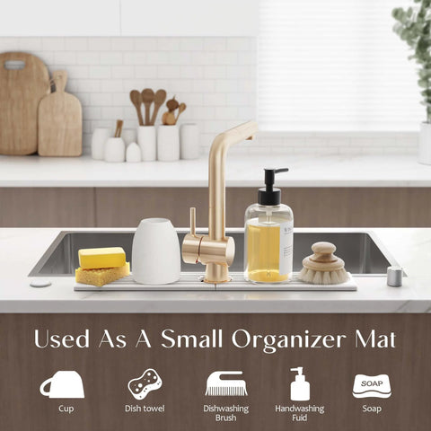 Light grey Eormoe faucet mat for the kitchen sink; diatomite stone drying mat with a slotted rack.