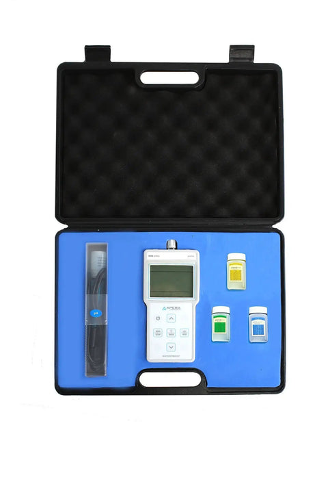 Portable pH Meter Kit With Auto Calibration And Temp Probe, 0.01 pH Accuracy, 0-14 pH Range, LCD, buffers, in case