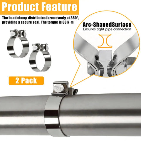 2.5 Inch Exhaust Clamp Universal Stainless Steel Narrow Band For 2.5 Inch OD Pipes Mufflers Catalytic Converters Easy Clamp No Weld No Fuss Connection Durable 304 Stainless Fits Standard Exhaust Systems 2 Pack close-up on pipe with arc-shaped surface