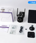 Heavy Duty Solar Security Camera With 4G LTE And Built In Sim Card For Outdoor Wireless Use displayed with solar panel and accessories.