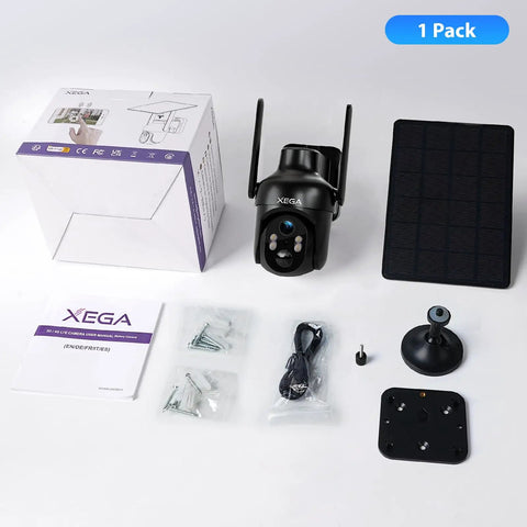Heavy Duty Solar Security Camera With 4G LTE And Built In Sim Card For Outdoor Wireless Use displayed with solar panel and accessories.