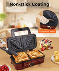 3-In-1 Sandwich And Waffle Maker With Removable Nonstick Plates, 1200W Panini Press shown making sandwiches with interchangeable plates.