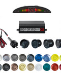Parking Sensor Kit For Cars With Customizable Probes In 18 Color Options And Adjustable Alarm Volume Backup Sensor And Reverse Sensor Three Sound Modes Including Soft Beep Or Off Easy Install Safe Driving Assistant components including display, sensors, and wires.