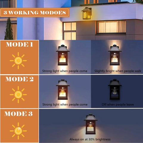 Outdoor Solar Wall Lanterns With Three Modes, Dusk To Dawn Motion Sensor LED Sconce Lights IP65 Waterproof Exterior