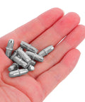 100 Pack Straight Up Sturdy Shelf Pegs For Wood Shelving Heavy Duty Metal Support Pins held in hand with slick silver finish.
