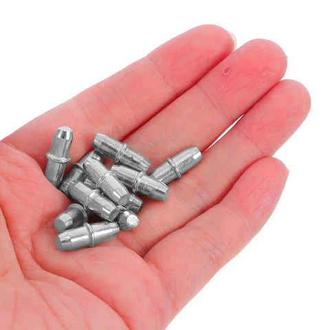 100 Pack Straight Up Sturdy Shelf Pegs For Wood Shelving Heavy Duty Metal Support Pins held in hand with slick silver finish.