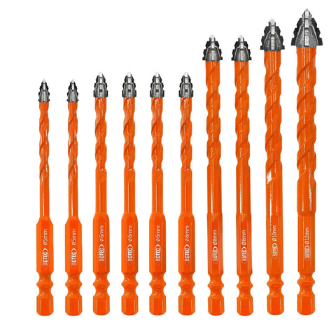 Crisscross Serrated Carbide Masonry Drill Bit Set For Concrete And Brick, 10 Piece With One Quarter Inch Shank, Sizes 3/16 to 1/2 inch