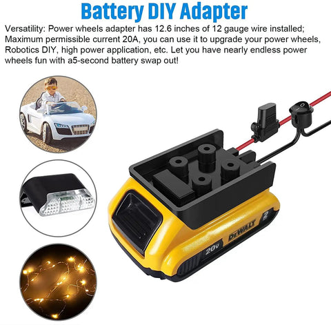 Secure Battery Adapter With Fuse And Switch For 20V Lithium Batteries shown with 12 gauge wire and power connector