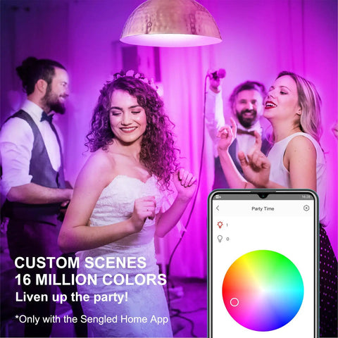 Dancing party scene lit by RGB color changing smart bulbs that work with Alexa and Google Home.