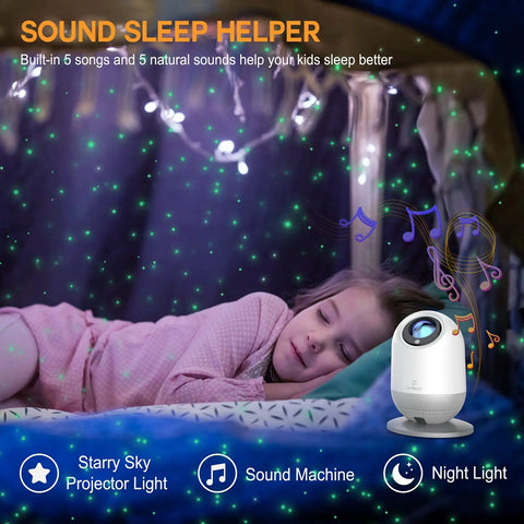 Girl sleeping under green stars projected by Rechargeable Galaxy Star Projector Night Light With Remote And Timer LED Laser Nebula.