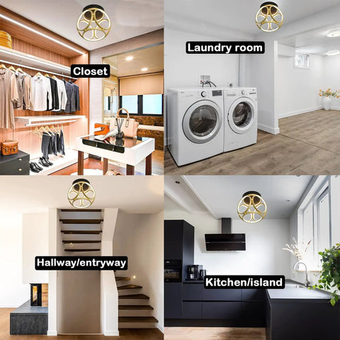 Dope Gold And Black Round LED Flush Mount Light With 2000 Lumen 3000K Warm White Finish in various home settings