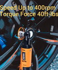 Cordless Ratchet Wrench And Drill Set With 12V Battery Power shown tightening car lug nut for home DIY and auto shop