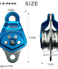 Front and side view of Upgraded Rescue Double Pulley Sheave With Swing Plate For Backyard Zipline And Climbing Adventures, High Strength CE Pulley Supports 13 mm Rope And Up To 6750 Lbs, Smooth Stainless Bearings, 360 Degree Rotating Side Panels, Blue, with dimensions and weight shown.