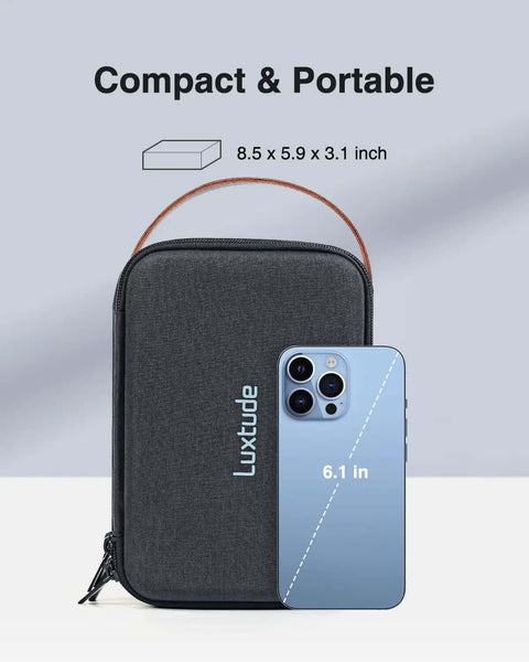 Road Ready Double Layer Tech Organizer Case With Reinforced Hard Shell Design shown with a smartphone for size comparison, compact 8.5x5.9 inch.