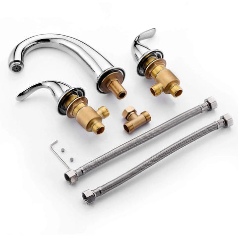 Two Handle Widespread Roman Tub Faucet With Valve Chrome Finish High Flow 12.16 GPM At 60 PSI parts displayed on white background