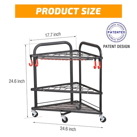 Rolling Garden Tool Organizer With Wheels And Storage Hooks, Corner Tool Rack For Shed Or Garage, Powder Coated Steel Black, Heavy Duty Trolley Keeps Rakes Pruners Trowels Brooms And Other Gear Handy