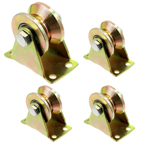 Set of four Heavy Duty 2 Inch V Groove Wheels With Bracket for sliding gates, made from 1045 steel, featuring rust-resistant finish.