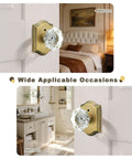 Clear Glass Diamond Door Knob Set With Privacy Lock in Antique Brass Finish shown in bedroom and bathroom settings